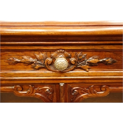  19th century French rosewood bookcase, rectangular moulded top above fitted frieze drawer, two glazed doors, fitted with adjustable shelf, floral carved detail, W119cm, H108cm, D49cm  