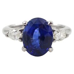 Platinum oval Ceylon sapphire and marquise shape diamond three stone ring, hallmarked, sapphire approx 2.70 carat