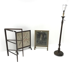  Early 20th century turned walnut standard lamp with shade (H147cm) two fire screens and a clothes horse (4)  