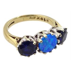 9ct gold three stone opal and synthetic sapphire ring, hallmarked 