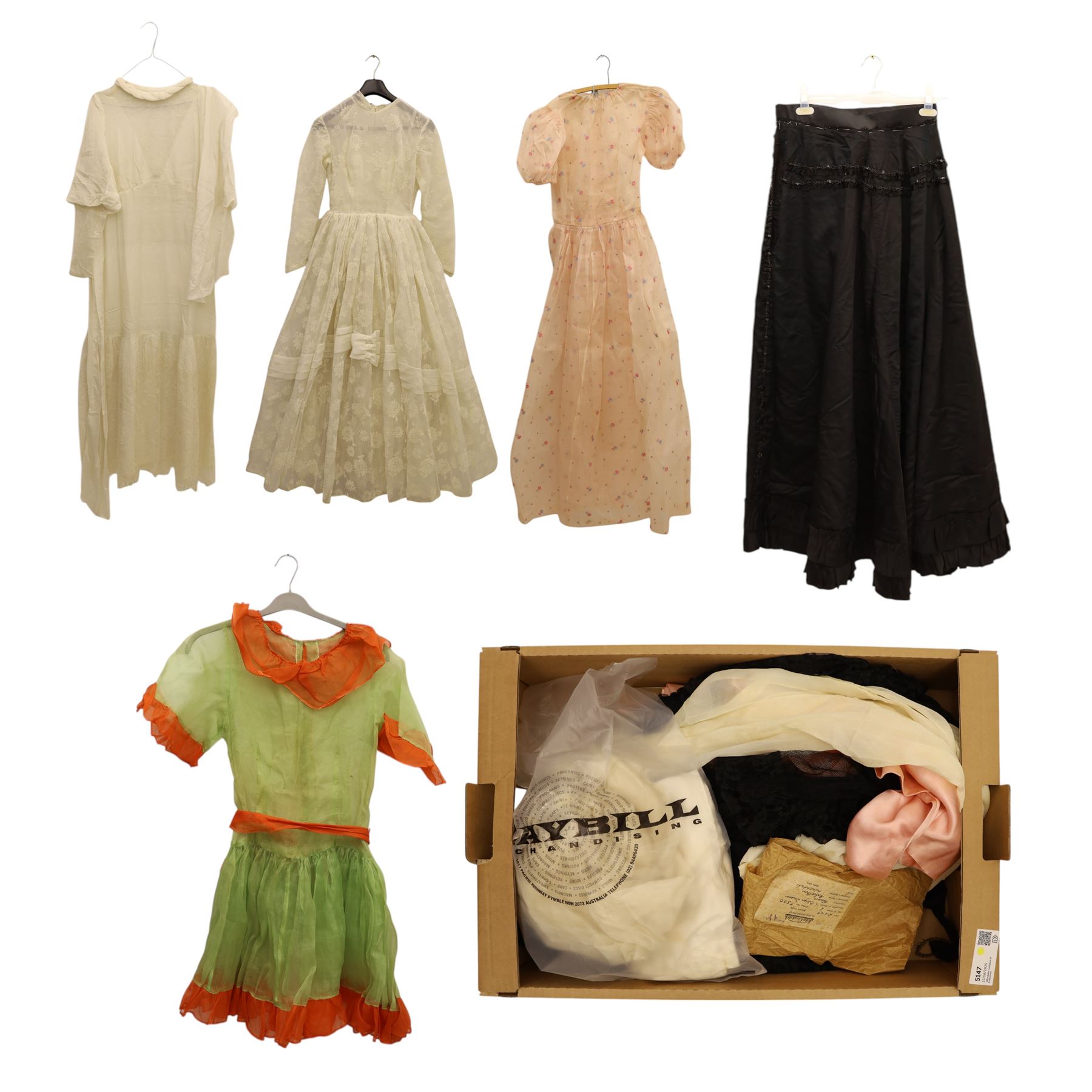 Collection of antique and vintage clothing, including lace dress  