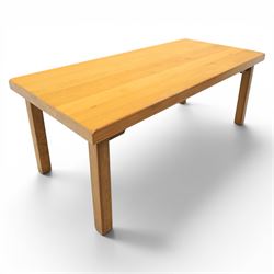 Contemporary solid oak dining table, and set of eight chairs, rectangular plank top with chamfered edges, raised on square supports