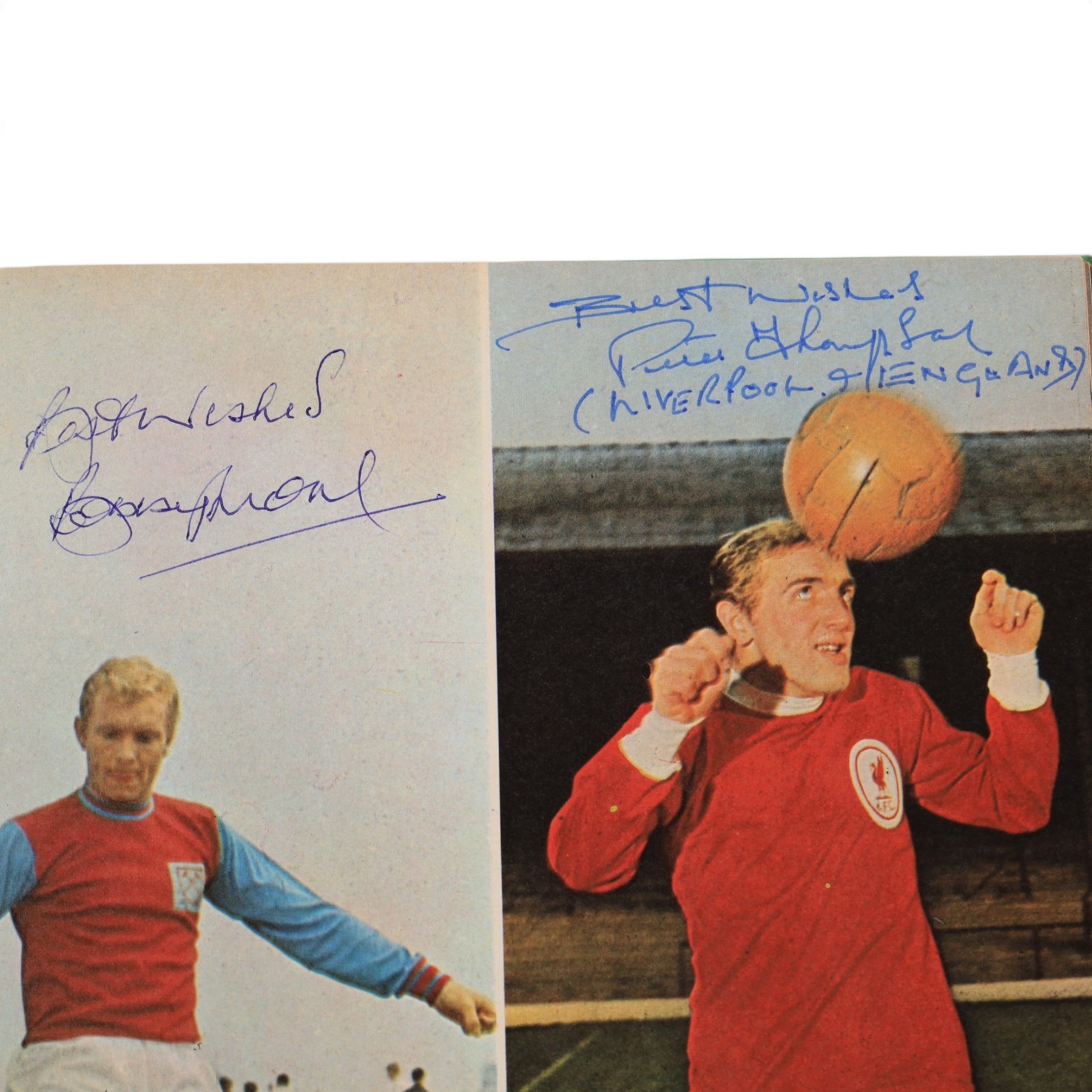 'World Cup 1966 England' hardback book, signed to inner front page by thirteen legendary footballers, to include Bobby Moore, Pele, George Cohen, Bobby Charlton, Alan Ball, Nobby Stiles, Roger Hunt, Peter Thompson, Kenneth Wolstenholme, Jairzinho, Garrincha, Martin Peters and Geoff Hurst, with certificate of authenticity from Chaucer Auctions