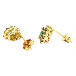 Pair of 18ct gold green alexandrite cluster earrings, each stud set with a pear cut and twelve round round cut alexandrite's, Birmingham 2006, total alexandrite weight approx 1.20 carat