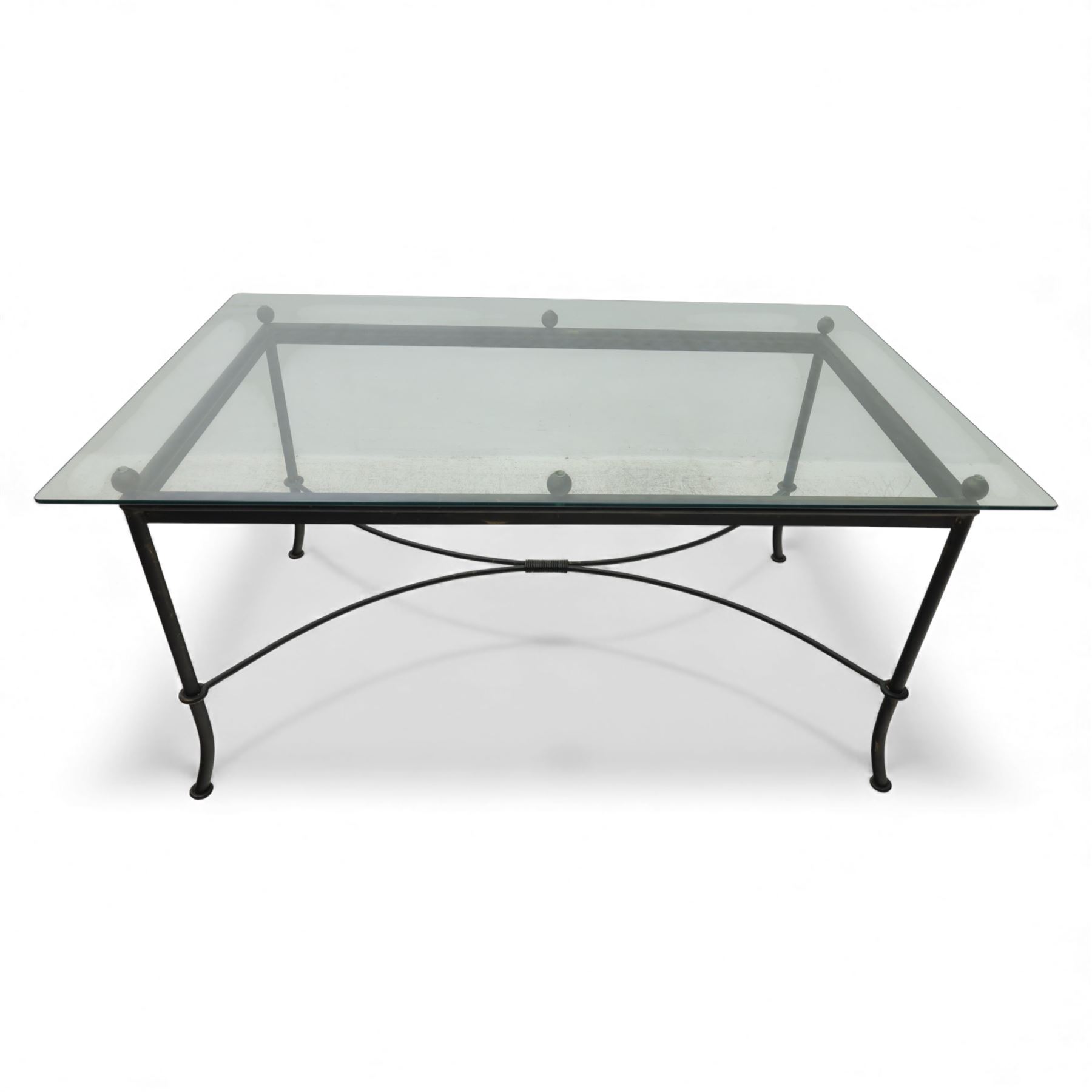 Modern metal and glass conservatory suite, comprising rectangular dining table with clear glass top and six matching metal framed chairs with upholstered seats, together with a matching glass topped coffee table
(Chairs H 92cm, W 42cm, Coffee table H 45cm, W 60cm)
