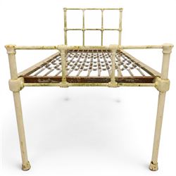 19th century wrought iron single bed, white frame with knot details, frame with wire and spring supports