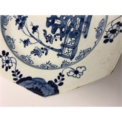 Mid 18th century Bow porcelain blue and white plate, of octagonal form, painted with rockwork, fence and floral sprays upon a white ground, D22cm



