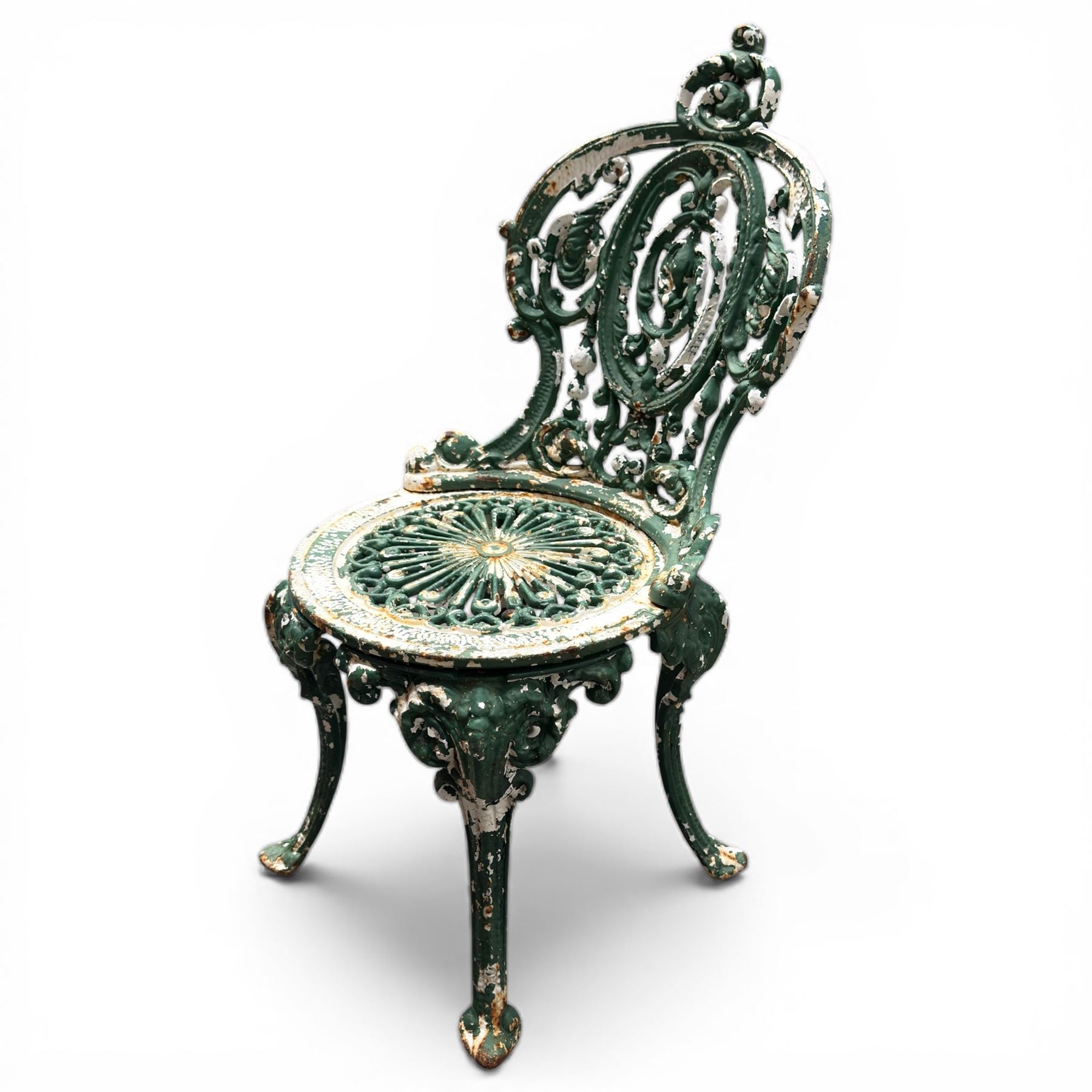 Victorian cast iron white painted garden table with aluminium top and cast iron chairs