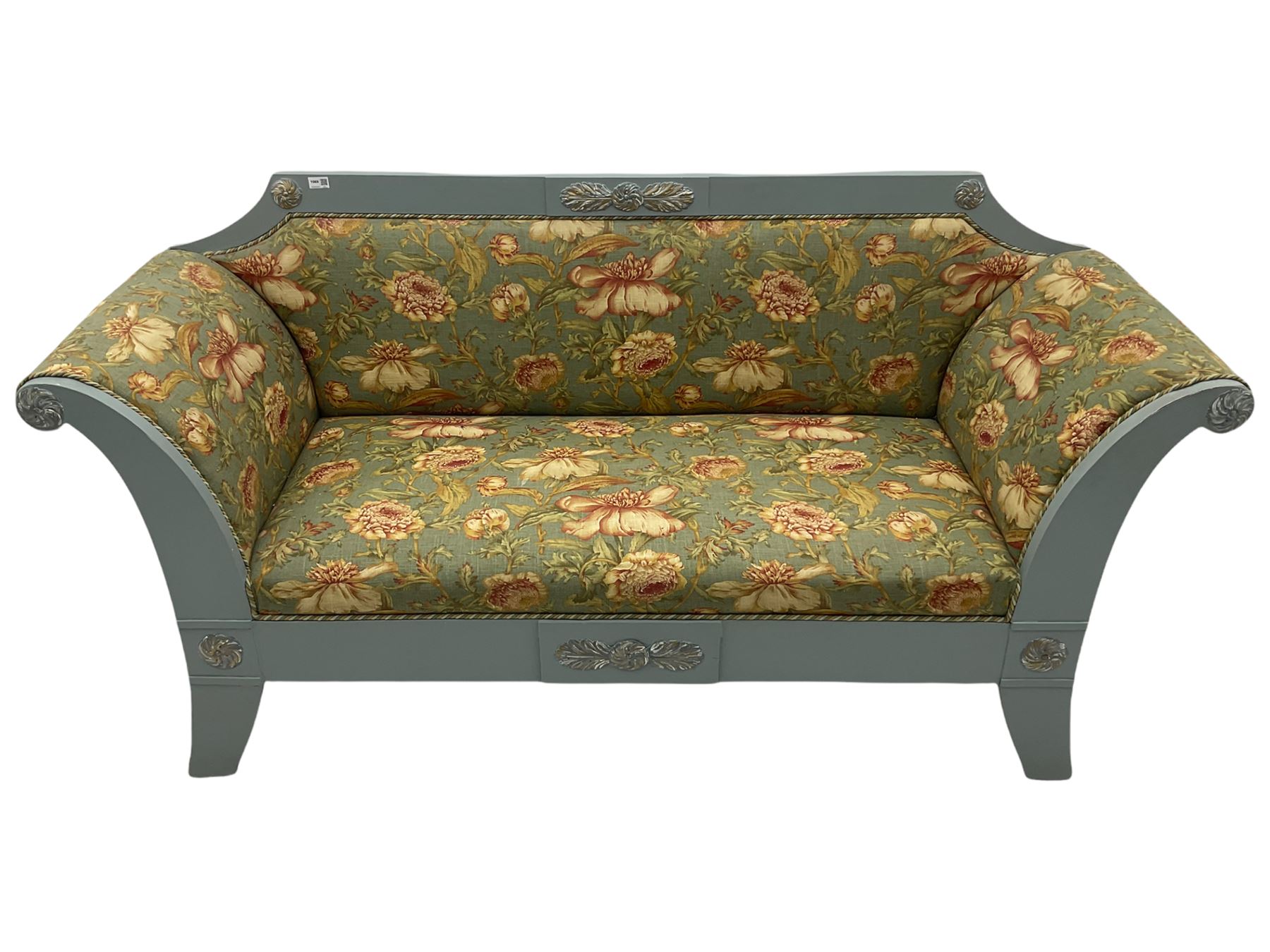 French empire style settee upholstered in 'Leighton' by Margarita Cushing floral fabric, grey painted and gilt frame