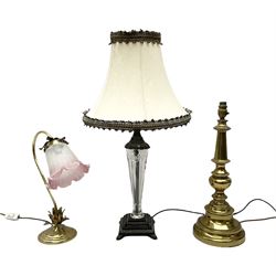 Three table lamps to include example with moulded glass centre column with fabric shade, and two brass examples, largest H66cm incl shade