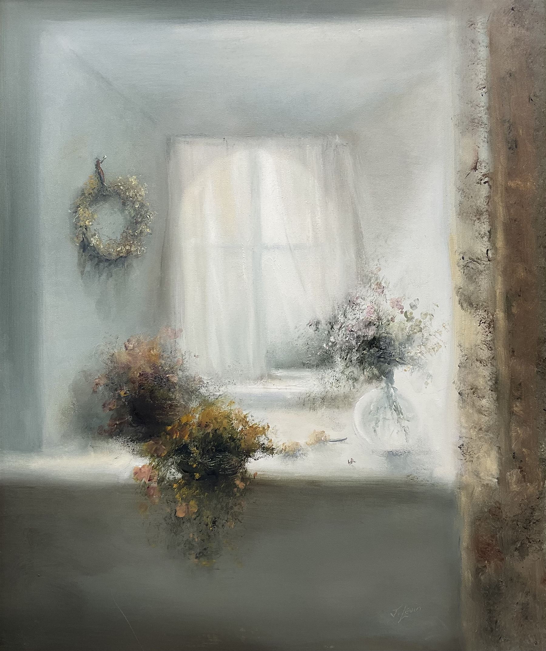 Judith Levin (British 1956-): Floral Arrangements beside a Window, oil on canvas signed 60cm x 50cm 