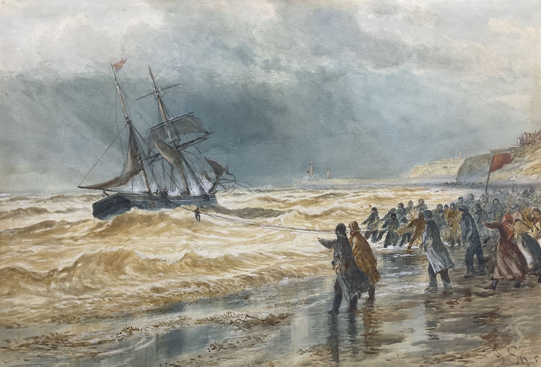 John C Syer (British 1844-1912): Rescuing a Ship at Upgang near Whitby, watercolour signed, indistinctly titled beneath the mount 46cm x 67cm
