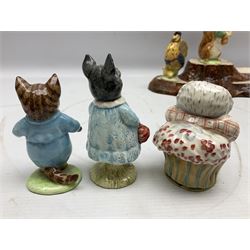 Seven Beswick Beatrix Potter figures, comprising Sally Henny Penny, Johnny Town-Mouse, Mrs Tiggy-Winkle, Mrs Tittlemouse, Tom Kitten, Pig-Wig and Squirrel Nutkin, together with a Beswick tree trunk display stand, stand L30cm