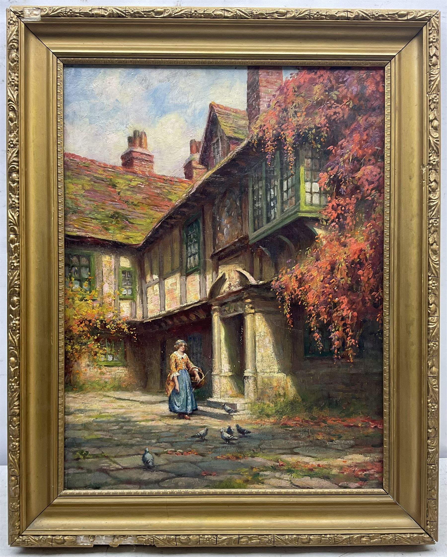 Frank Moss Bennett (British 1874-1952): Lady in a Sunlit Courtyard, oil on board unsigned 52cm x 39cm