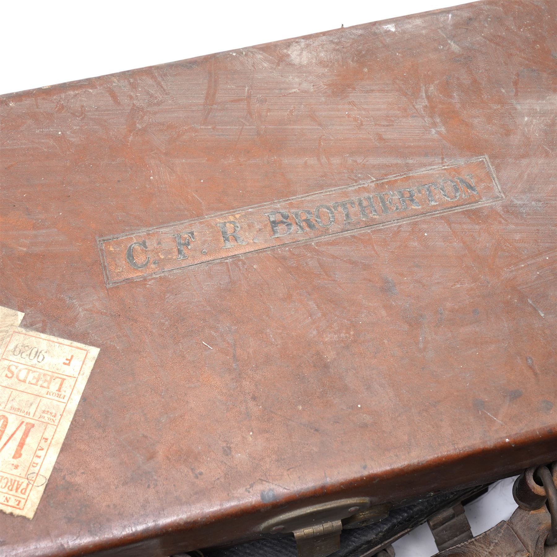 *Leather shotgun case with the label of James Purdey & Sons, London, inscribed 'Colonel Sir Edward Allen Brotherton, Bart MP, Kirkham Abbey, Via York 'and two others with the labels of Linsley Brothers (3)From the Kirkham Hall Attic & Cellar Collection, sold without reserve