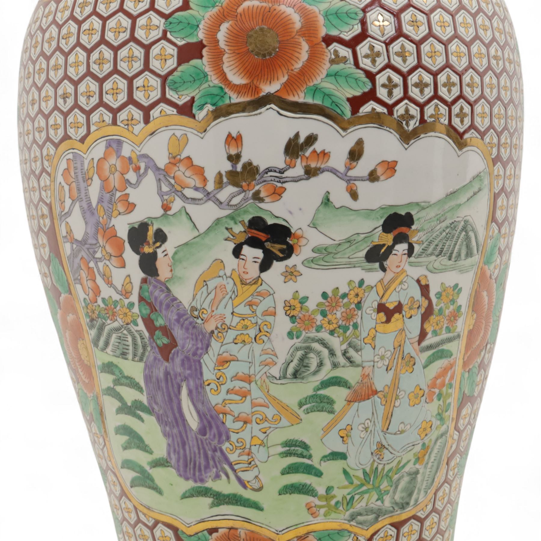Floor vase, of baluster form with fluted rum, the central panel with figures in a landscape, within a geometric design, H95cm+ 
