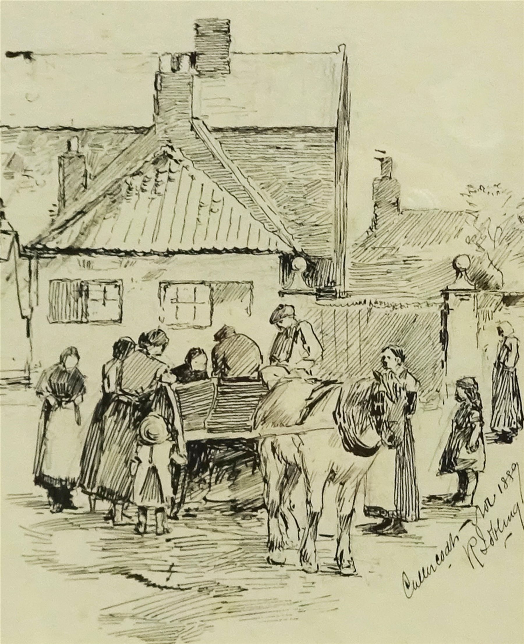 Robert Jobling (Staithes Group 1841-1923): 'Cullercoats' figures gathered round a horse and cart, pen and ink signed titled and dated 1889, 18cm x 15cm
Provenance: with T.B. & R. Jordan Fine Art Specialists Yarm, label verso