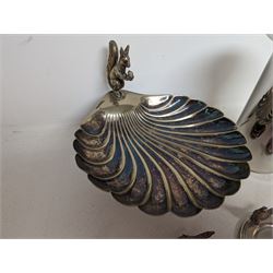 George Jensen stainless steel wine cooler, together with a silver plated pedestal dish, in the form of a clam shell and with squirrel decoration and four silver plated trinket dishes with applied pheasant decoration