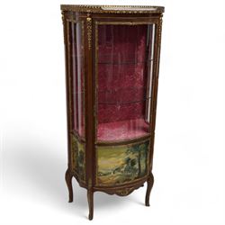 Mid-20th century rosewood vitrine display cabinet, shaped form with cast gilt metal gallery and mounts, enclosed by glazed door with Vernis Martin design panel, fabric lined interior with two glass shelves, on cabriole supports with cast acanthus leaf mounts 