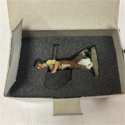 Various makers - seven boxes of miniature metal figures comprising King & Country ‘Fields of Battle’ FOB36 and FOB31, 8th Army EA36 and EA37; Britains 17380 Civil War Tents and WWI 17703 set; Corgi ‘Forward March’ CC59176 Battle of the Somme French Infantry Corporal; together with Britains Shop Display Castle and Crescent miniature Smith and Wesson gun; all with original boxes (9) 