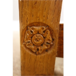  Pair Yorkshire oak dining chairs carved with Yorkshire Rose motif, upholstered in tan leather with stud detail  