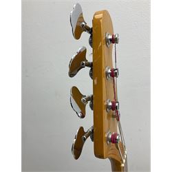 Richwood electric bass guitar in blue, cream and natural finish L117cm; in Fender soft carrying case; together with Behringer Thunderbird Bx108 amplifier date code 0 4 11.