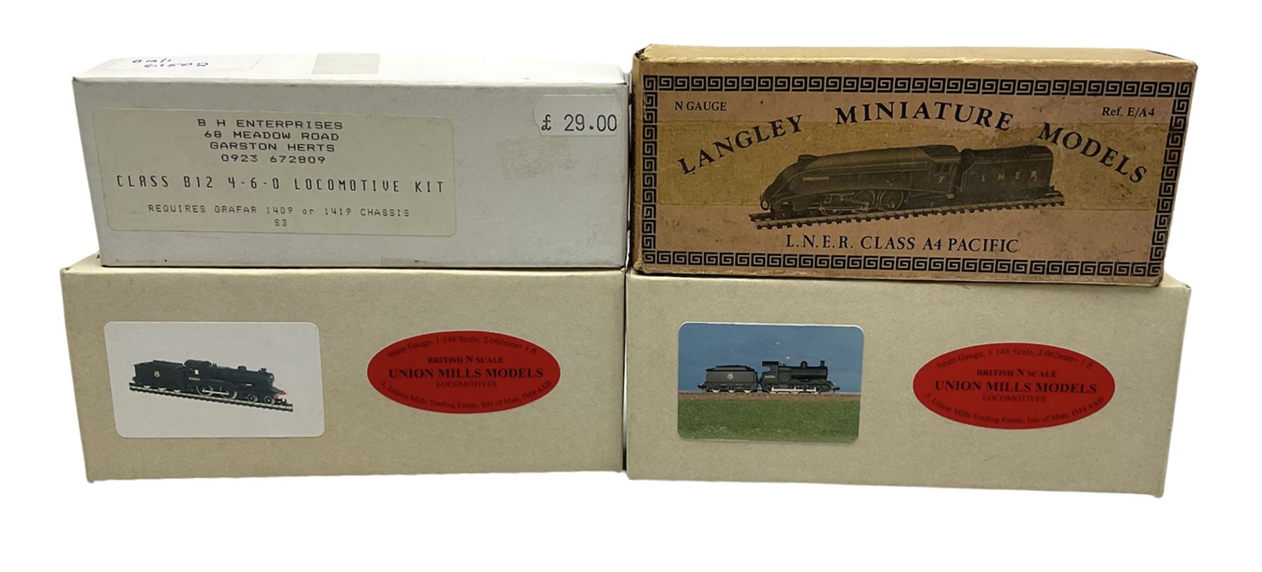 'N' gauge - two Union Mills locomotives comprising 'Director' Class D11 4-4-0 'Prince Albert' No.62663 and Class J11 0-6-0 No.64292; each in original box with paperwork; Class A4 4-6-2 locomotive marked Trix W. Germany with tender marked Grafar in Langley Miniature box; and kit-built BH Enterprises Class B12 4-6-0 locomotive No.60512 with Grafar chassis; boxed (4)