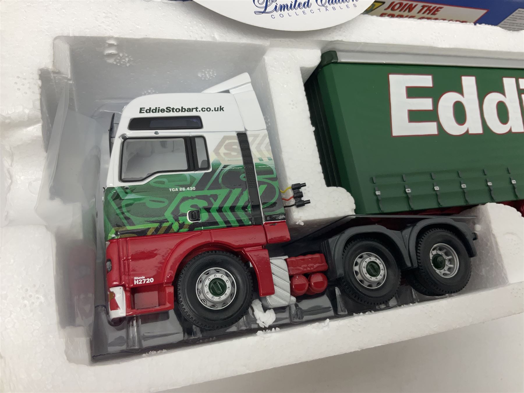 Corgi Eddie Stobart - three limited edition lorries; two Hauliers of Renown - CC13415 MAN TGA XXL Curtainside and CC14002 Volvo FH Curtainside; and  CC12607 Scammell Crusader Tautliner; all boxed (3)