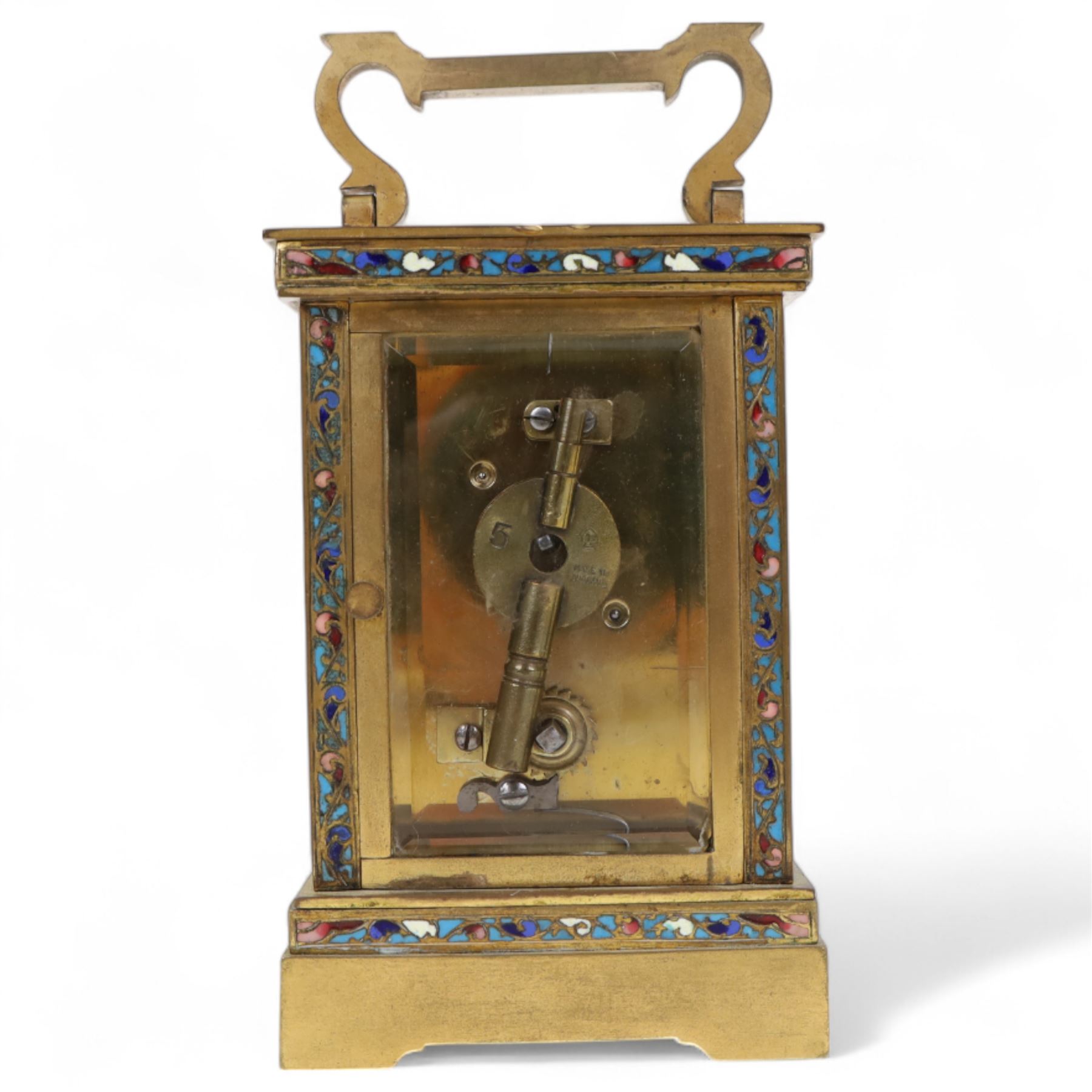 French-19th century carriage clock with cloisonné inlay, platform cylinder escapement.