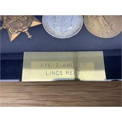 WWI group of three medals with bronze memorial plaque comprising 1914-15 Star, British War Medal and Victory Medal awarded to 16554 Pte. T. Andrew Linc. R. who died on 26th July 1916 whilst travelling to Vimy Ridge, polished and mounted for display in a frame; together with small archive of research material and two WWII V.E. Day Presentation Certificates from the people of Holbeach in Lincolnshire