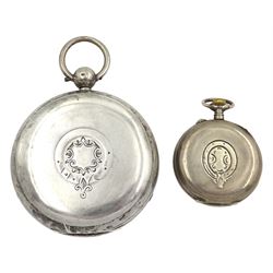 Silver open face keyless lever pocket watch by William Kirby, Malton, No. 223414, white enamel dial with Roman numerals and subsidiary seconds dial, case by Rotherham & Sons, Birmingham 1900 and silver cylinder ladies fob watch, the case stamped 800
