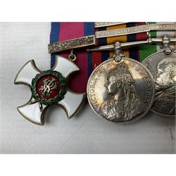 South Africa/WW1 Distinguished Service Order group of seven medals comprising D.S,O. with original ribbon bar and top bar slider, Queens South Africa Medal with three clasps for Defence of Kimberley, Orange Free State and Transvaal, Kings South Africa Medal with two clasps for South Africa 1901 & 1902 awarded to Capt. C.J. O'Gorman D.S.O. R.A.M.C., 1914-15 Star, British War Medal and Victory Medal with MID oak leaves awarded to Major (later Lt. Col.) C.J. O'Gorman D.S.O. R.A.M.C. and Kimberley Star 1899-1900; together with copies of research and biographical material