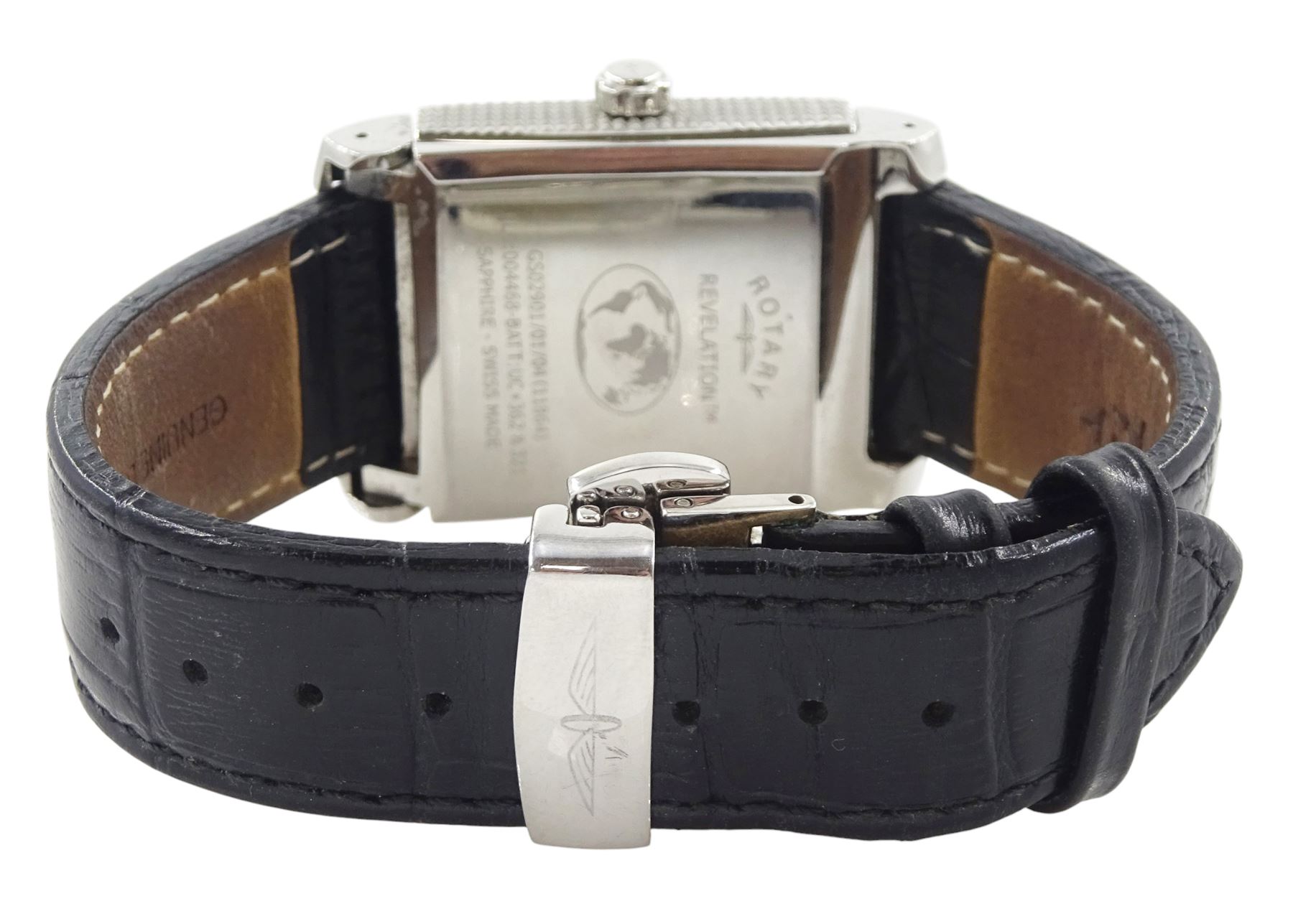 Rotary Revelation reversible night and day gentleman's stainless steel quartz wristwatch, silvered dial with Roman numerals, reversing to a second black dial with baton hour markers, both with subsidiary seconds dials, on original black leather strap, with fold-over clasp, boxed with guarantee dated 2008