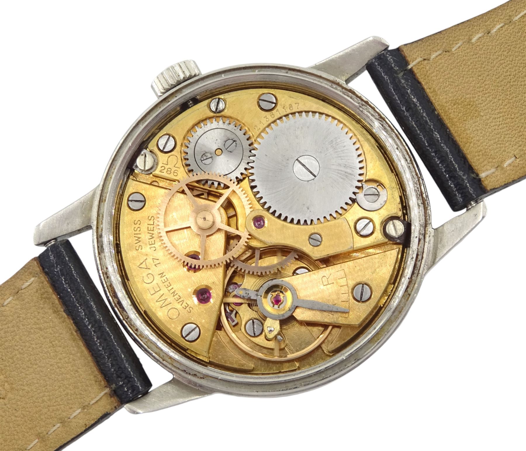 Omega Seamaster 30 gentleman's stainless steel manual wind wristwatch, Ref. 135.007-64, Cal. 286, blue dial with Arabic numerals, on black leather strap