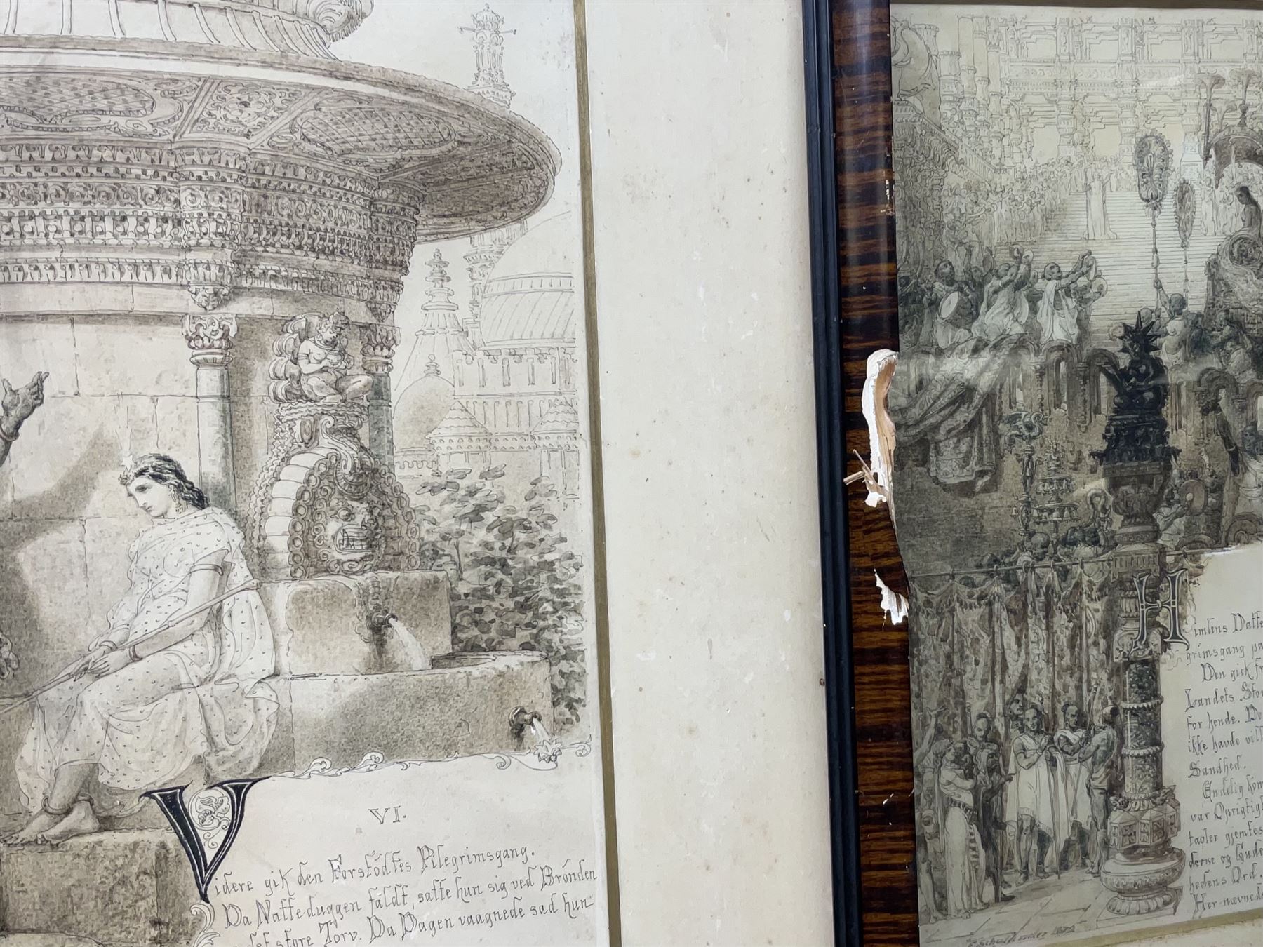 Frederik Vilhelm Scholander (Sweedish 1816-1881): 'The Pilgrimage of Truth', set of ten pen ink and monochrome wash original illustrated book plates signed and dated 1872, 36cm x 25cm (10 one lacking frame)