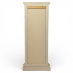 Contemporary French design white painted bedroom suite retailed by Barkers of Northallerton, comprising wide chest fitted with four short and four long drawers with oval brass handles (H 70cm, W 159cm, D 46cm), pair of bedside chests each fitted with three drawers (H 62cm, W 40cm, D 46cm), dressing table fitted with four short drawers and central kneehole with shaped apron (H 79cm, W 131cm, D 46cm) with matching framed wall mounted mirror (H 100cm, W 113cm), and full length standing mirror (H 175cm, W 73cm)