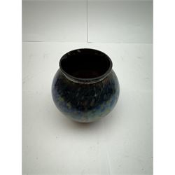 Five Austrian Art Nouveau purple glass vases, to include a Pallme-Konig example, of tapering form with matte vein decoration, and two similar pairs, tallest H16cm