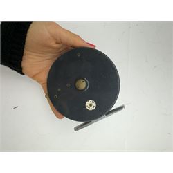 D. Slater, Newark, wood, alloy and brass star-back centre pin reel,  together with three other wooden/alloy reels including Edge Elite, Milbro Pelican and one other 