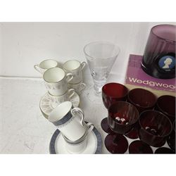 Twin handled sucrier with cover, in the manner of Thomas Grainger for Royal Worcester, together with Wedgwood Medina pattern coffee cans and saucers, a set of ten ruby glasses and a Wedgwood cameo glass tankard etc