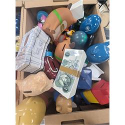 Large collection of vintage money boxes and charity boxes, including plastic, wooden, tin and ceramic examples, of various designs including Paddington, Dunlop, Jellybabies, Meerkat, Halifax Houses, Pigs, etc