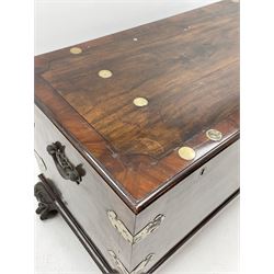 19th century camphor wood and mahogany silver chest, the hinged banded top with circular brass mounts which secure the interior strap hinges, fretwork metal strapping to the corners, on stand with plain frieze and acanthus carved cabriole ball and claw feet