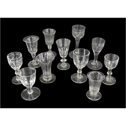 Group of eleven 18th/19th century glasses, of various fluted and part fluted form, to include two jelly glasses, three examples with folded feet, tallest H13cm