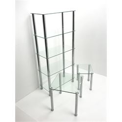 Chrome and glass nest of two tables (W50cm, H46cm, D45cm) and matching storage stand (W71cm, H147cm, D35cm)