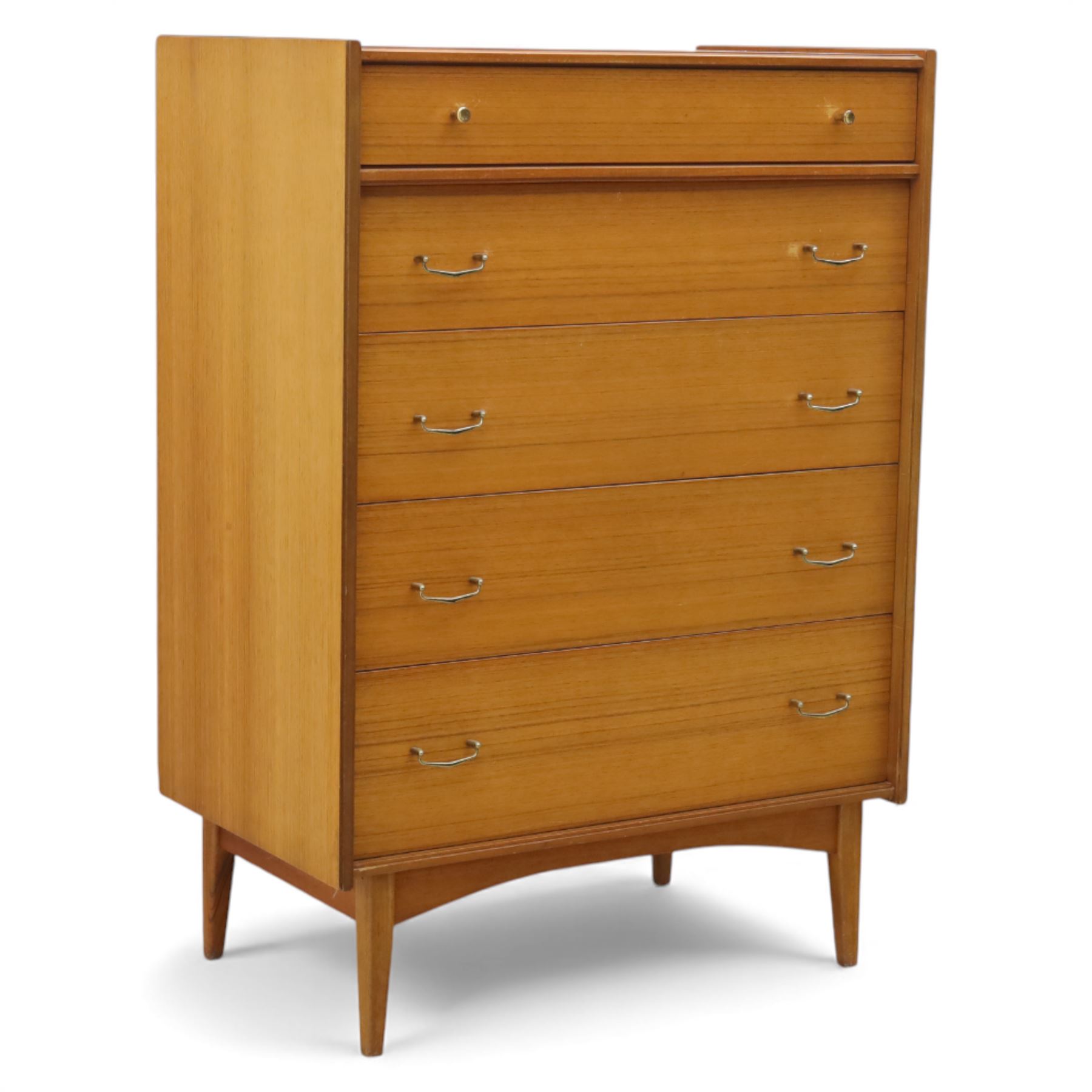 Golden Key By Palatial Ltd - mid-20th century teak chest of five drawers, rectangular top over a bank of graduating drawers fitted with brass loop handles, raised on tapering support