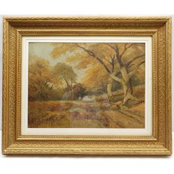 John Syer Jnr (British 1846-1913): Sheep on a Country Lane, oil on board signed 33cm x 44cm; F Fletcher (19th century): Country Garden, oil on canvas signed 40cm x 63cm (unframed) (2)