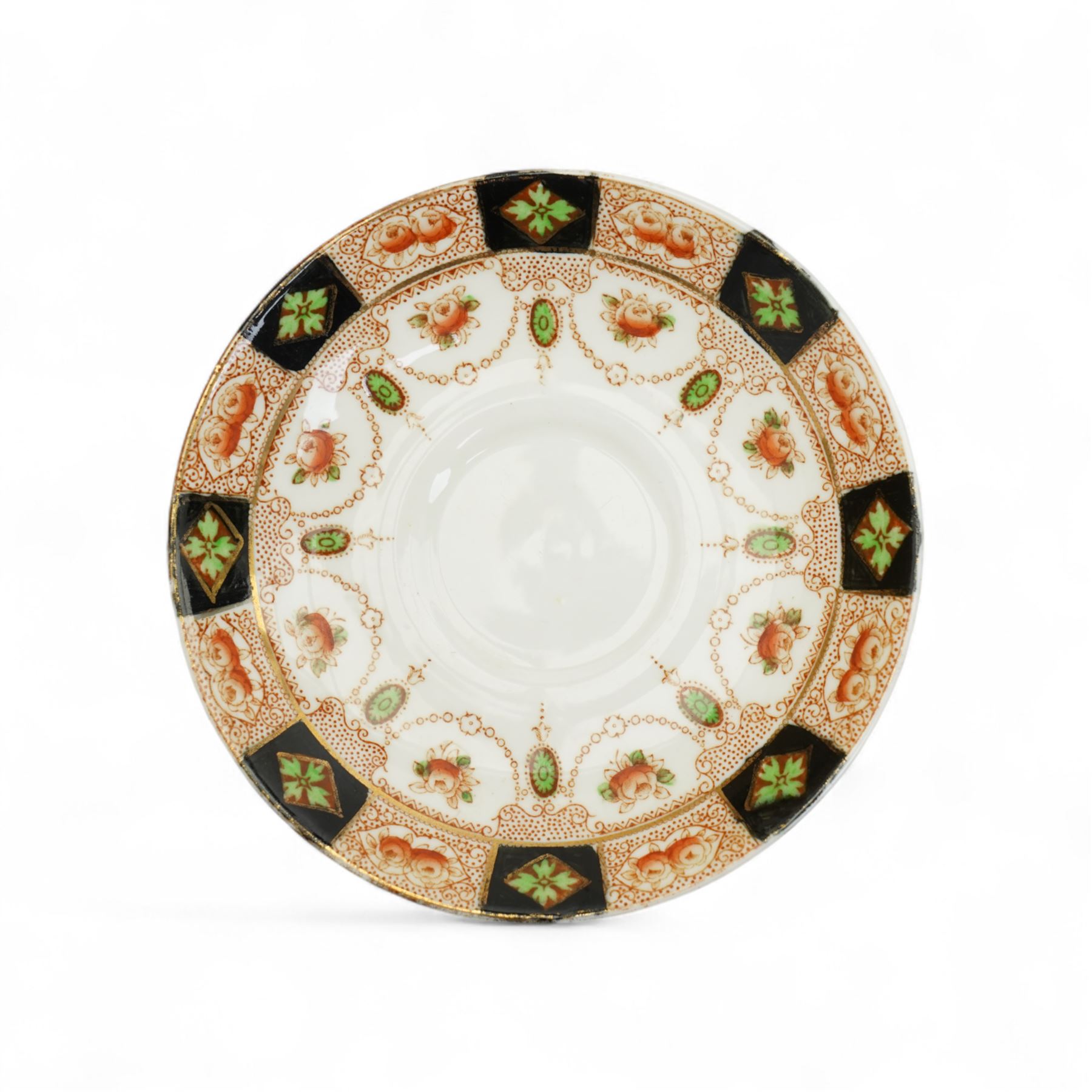 Salon China S&L Harrow pattern part tea service, comprising nine teacups, eleven saucers, twelve side plates, two serving plates and one bowl