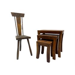Early 20th century Celtic-design carved oak hall chair, decorated with carved interlacing knot motifs, raised on three splayed supports (W24cm, D26cm, H79cm); nest of three hardwood tables, rectangular tops raised on curved and splayed supports (W45cm, D30cm, H46cm) 