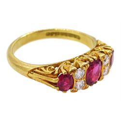 18ct gold three stone oval cut ruby and four stone round brilliant cut diamond ring, Birmingham 1972