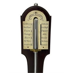  Denton of Hull - Mid 19th century Mercury cistern stick barometer, on a mahogany base with a  round top and a turned orb cistern cover,  painted register with predictions and scale, recording pointer missing. With mercury.
