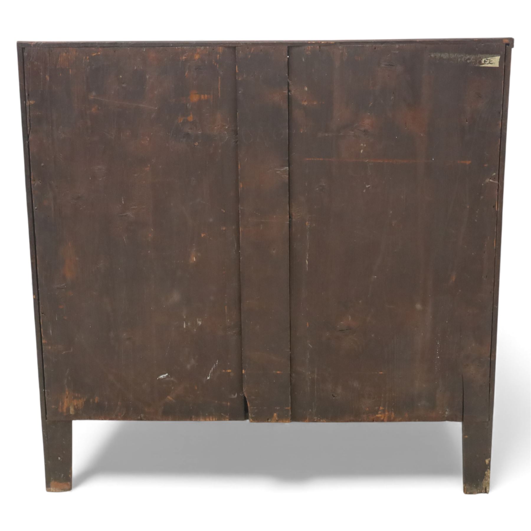 Early 19th century mahogany secretaire chest, the rectangular top over a fall-front fitted with pigeonholes and small drawers, above two long drawers with turned wooden knobs, upon swept bracket feet